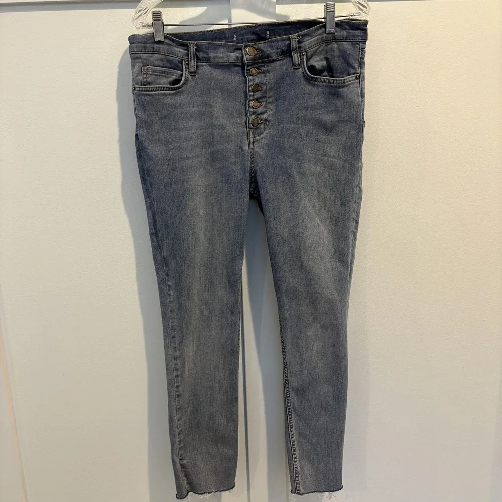 Free People‎ Jeans Size 29 Blue High Rise Button Fly Skinny Raw Hem Medium Wash